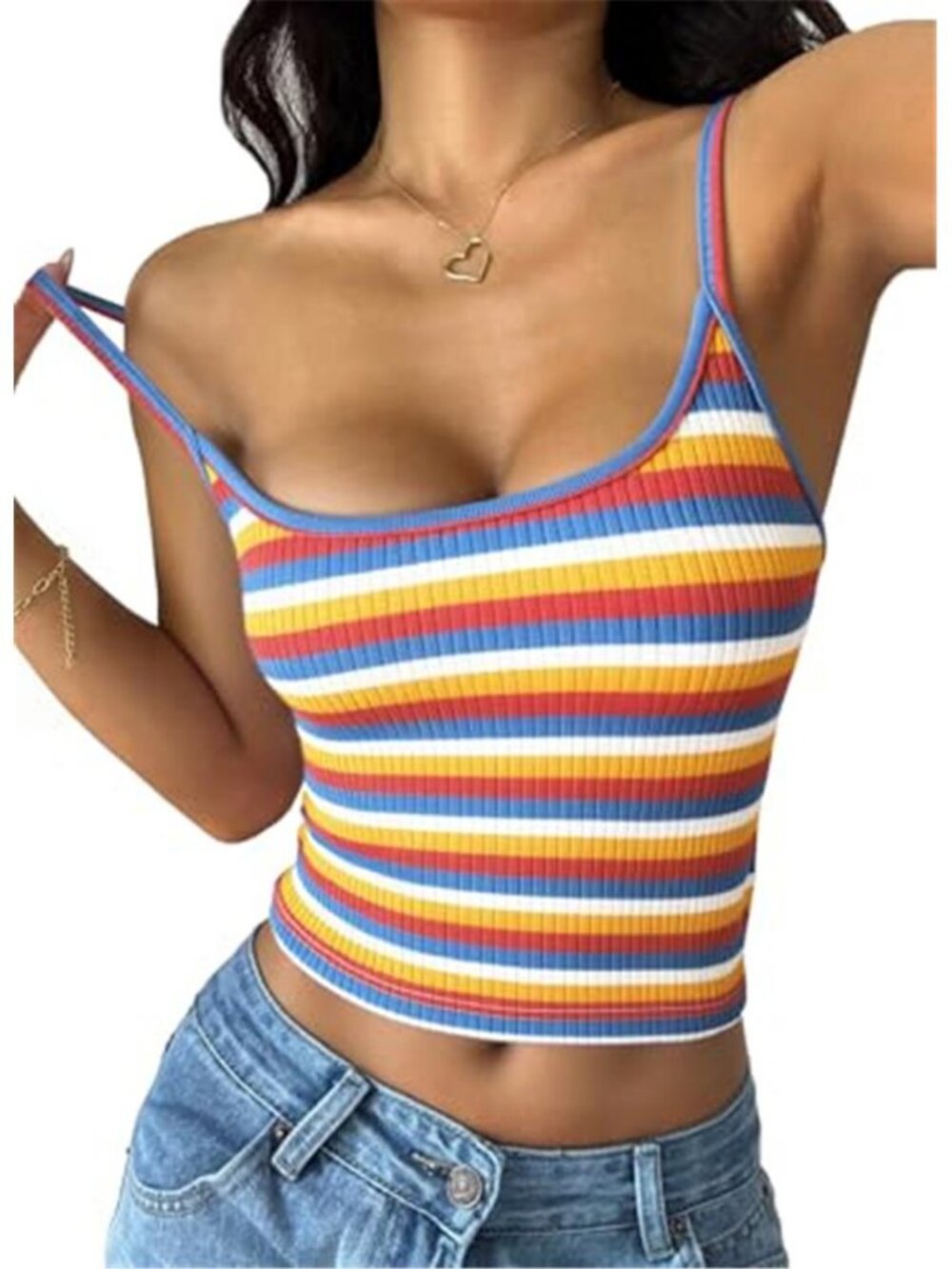 PRETTYGARDEN Rainbow Stripe Ribbed Crop Tank Top Y2K Cami